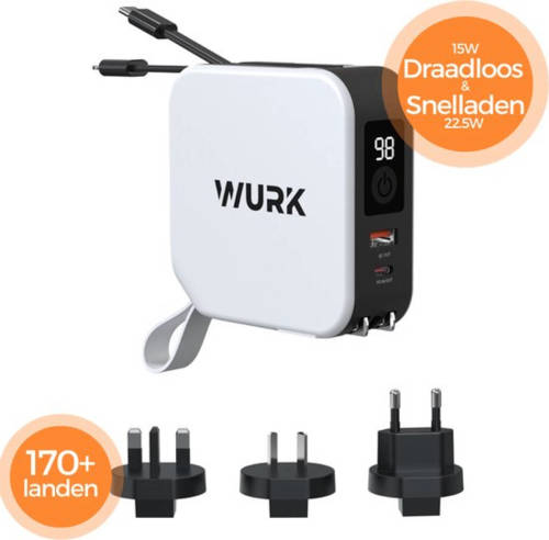 WURK - 5-in-1 PowerPack - Powerbank - Draadloze Oplader - Wereldstekker - Ingebouwde USB-C & Lightning Kabel