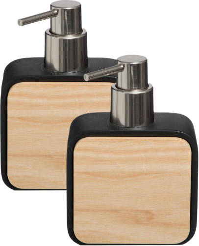 5five zeeppompje/zeepdispenser - 2x - zwart - 10 x 15 cm - 200 ml - bamboe/kunststeen - badkamer - Zeeppompjes