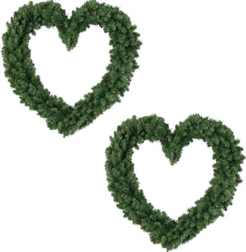 Decoris Set van 2x stuks kerstversiering kerstkrans hart groen 50 cm - Kerstkransen