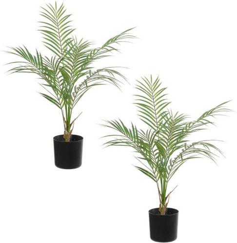 Louis maes Set van 2x stuks groene areca palm Dypsis Lutescens kunstplanten in zwarte kunststof pot 60 cm - Kunstplanten