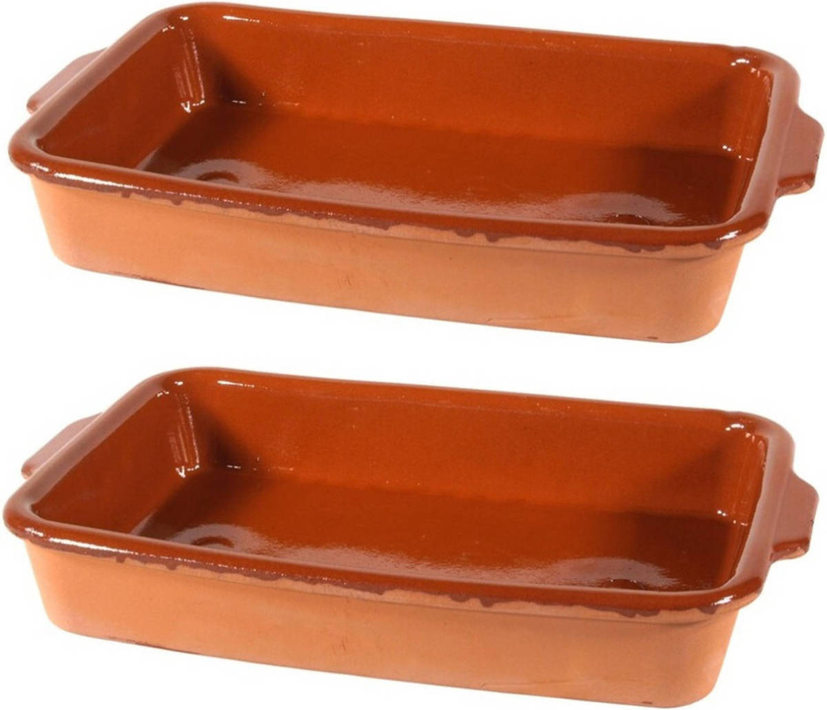 Gerimport Set van 2x stuks bruine ovenschaal/braadsledes van aardewerk 36 x 23 x 5 cm - Ovenschalen
