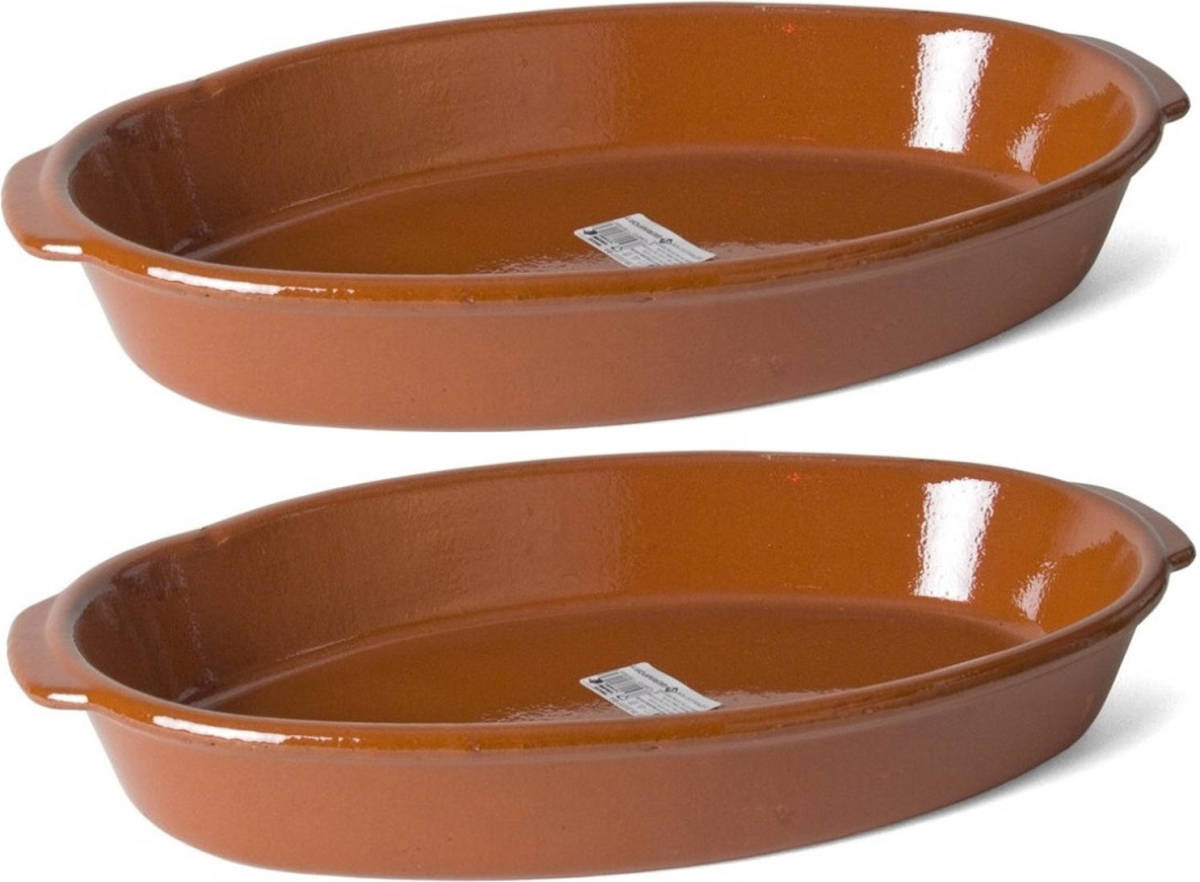 Gerimport Set van 2x stuks bruine ovale ovenschaal/braadsledes van aardewerk 44 x 27 x 7 cm - Ovenschalen