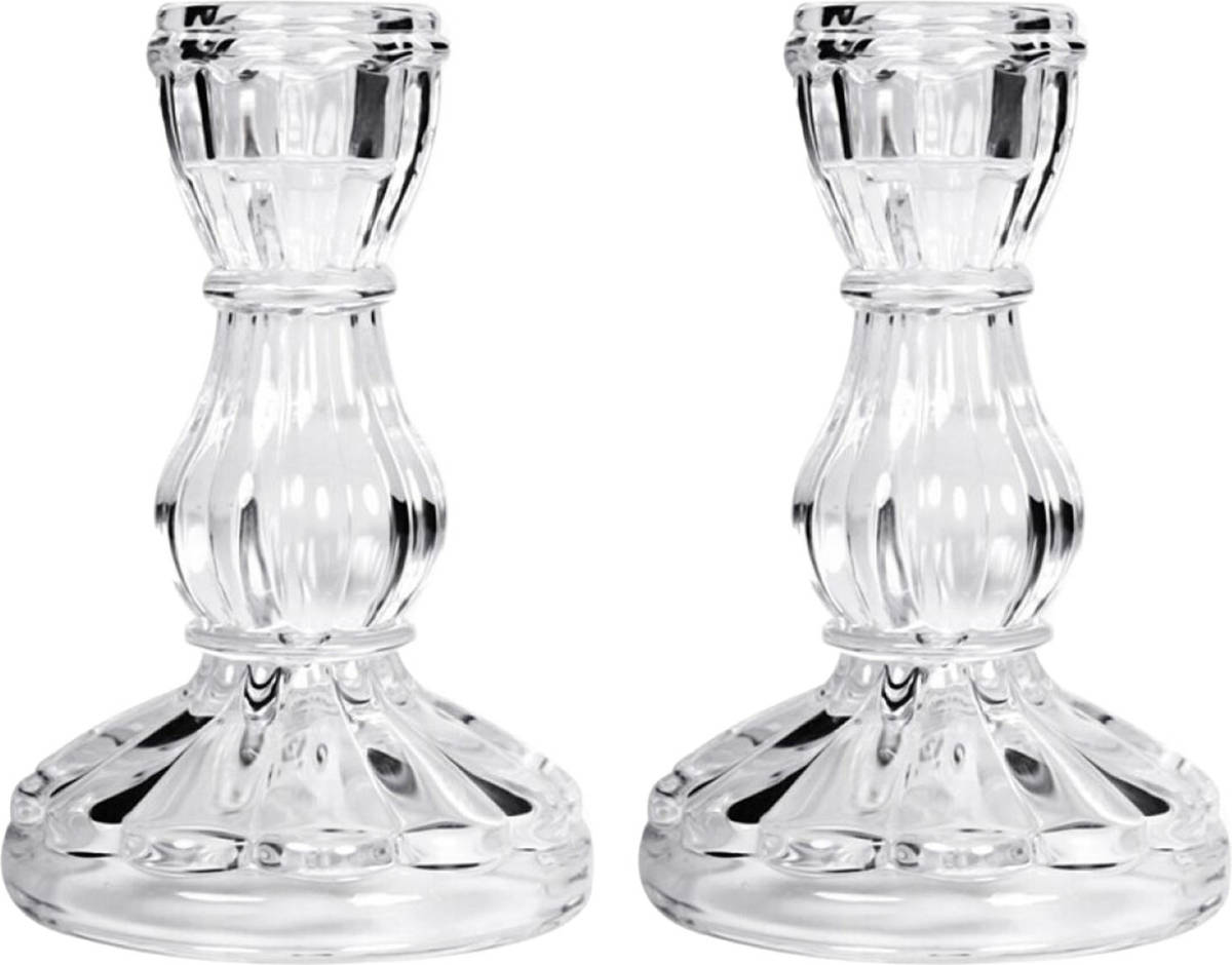 Concorde Set van 2 kaarsen kandelaars van decoratief glas - 7 x 11 cm - kaars kandelaars