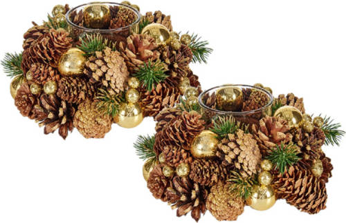 Krist+ Set van 2x stuks kerst thema kaarsenhouders ornament bruin met goud nature 18 cm - Waxinelichtjeshouders