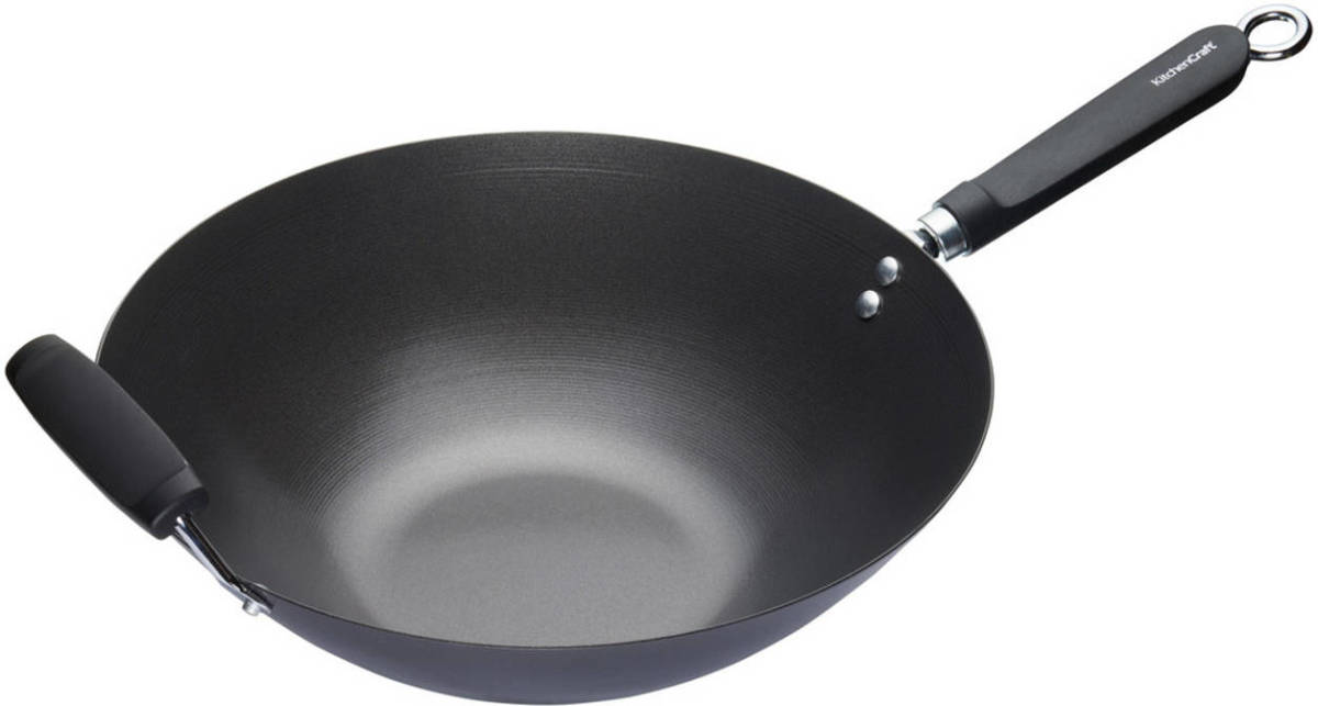 KitchenCraft - Oriental Wokpan, 36 CM, Carbonstaal, Non-Stick - KitchenCraft World of Flavours