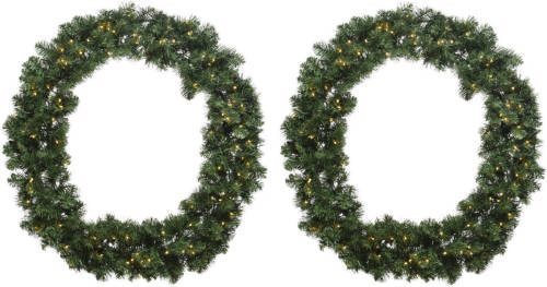 Decoris 2x stuks kerstkransen/dennenkransen groen met warm witte verlichting en timer 50 cm - Kerstkransen