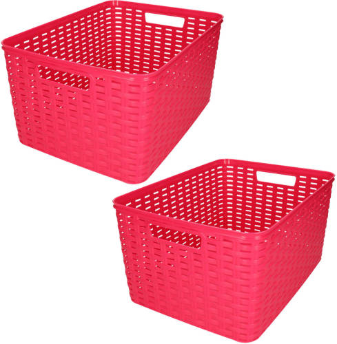 Forte Plastics Plasticforte opbergmand/kastmandje - 2x - 18 liter - fuchsia roze - kunststof - 28 x 38 x 19 cm - Opbergbox