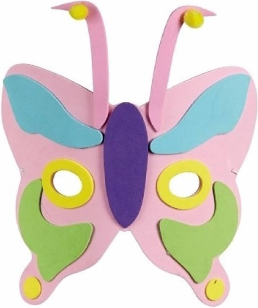 Ravensden Roze kindermasker in de vorm van een vlinder 18cm - Verkleedmaskers