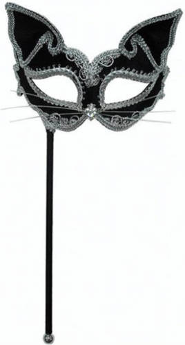Bristol novelty Venetiaans katten oogmasker op stokje - Verkleedmaskers