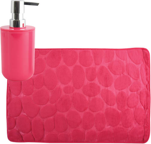MSV badkamer droogloop mat/tapijt Kiezel - 50 x 80 cm - zelfde kleur zeeppompje - fuchsia roze - Badmatjes