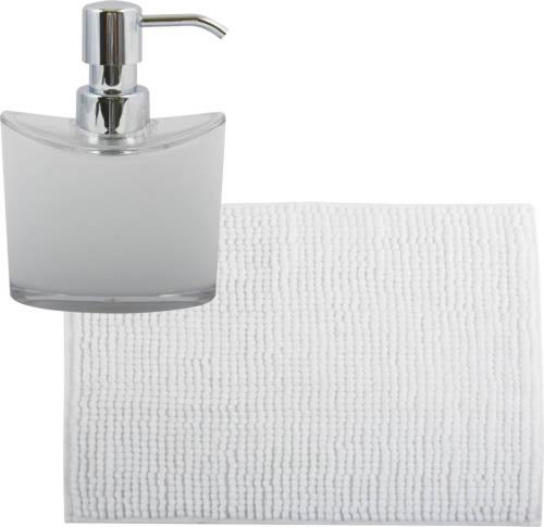 MSV badkamer droogloop mat/tapijtje - 50 x 80 cm - en zelfde kleur zeeppompje 260 ml - wit - Badmatjes