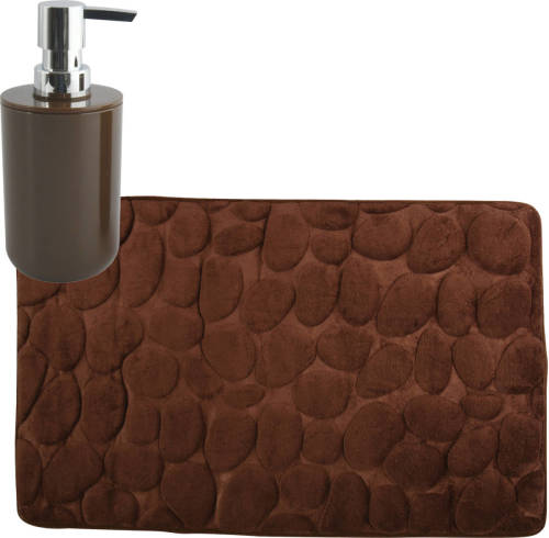 MSV badkamer droogloop mat/tapijt Kiezel - 50 x 80 cm - zelfde kleur zeeppompje - bruin - Badmatjes