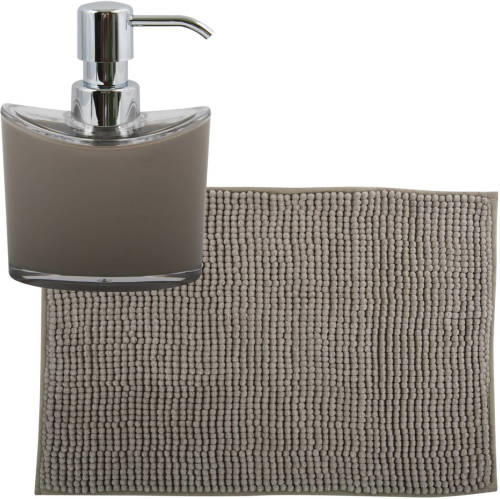 MSV badkamer droogloop mat/tapijtje - 50 x 80 cm - en zelfde kleur zeeppompje 260 ml - beige - Badmatjes