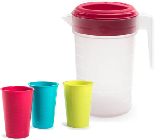 Forte Plastics 2x stuks water/limonade schenkkannen 2 liter met 12x kunststof glazen voordeelset - Schenkkannen