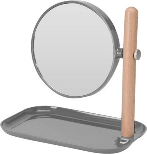 Excellent Houseware Badkamerspiegel / make-up spiegel rond dubbelzijdig donkergrijs met opbergbakje L22 x B14 x H23 - Make-up spiegeltjes