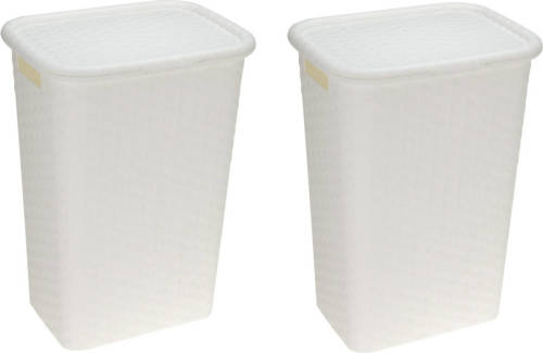 Bathroom Solutions 2x stuks wasmanden rotan met deksel wit 60 liter - Wasmanden