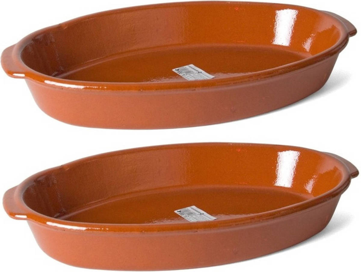 Gerimport Set van 2x stuks bruine ovale ovenschaal/braadsledes van aardewerk klein 35 x 19 x 6 cm - Ovenschalen