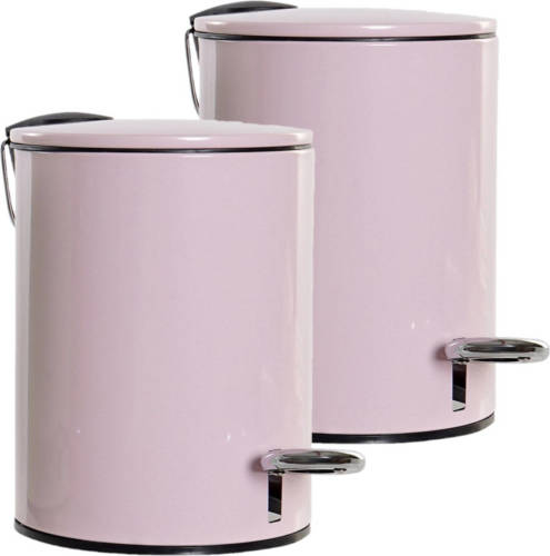 Items 2x stuks metalen vuilnisbakken/pedaalemmers roze 3 liter 23 cm - Prullenbakken