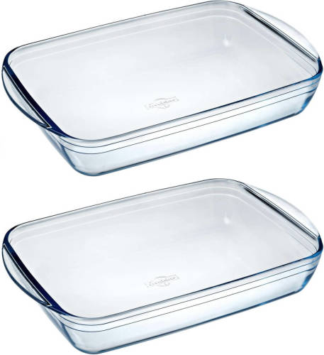 2x Ovenschalen/braadsledes rechthoekig van glas 3,6 liter 39 x 24 x 6 cm - Ovenschalen