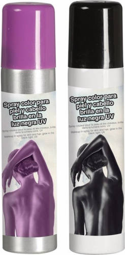 Fiestas Guirca Guirca Haarspray/bodypaint spray - 2x kleuren - paars en zwart - 75 ml - Schmink