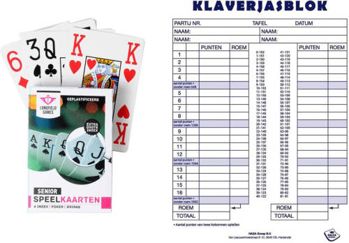 Engelhart Scoreblok Klaverjassen spel 50 vellen met 2 pakjes speelkaarten - Kaartspel