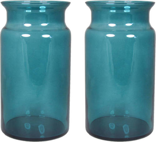 Floran Set van 2x bloemenvazen - turquoise blauw/transparant glas - H29 x D16 cm - Vazen
