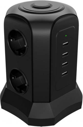 Allteq - Stekkerdoos - 6-voudig - 4x USB - Zwart