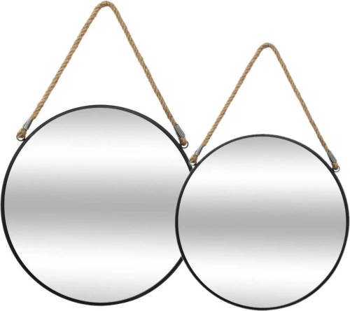 Atmosphera Set van 2x spiegels/wandspiegels rond metaal zwart met touw - Spiegels