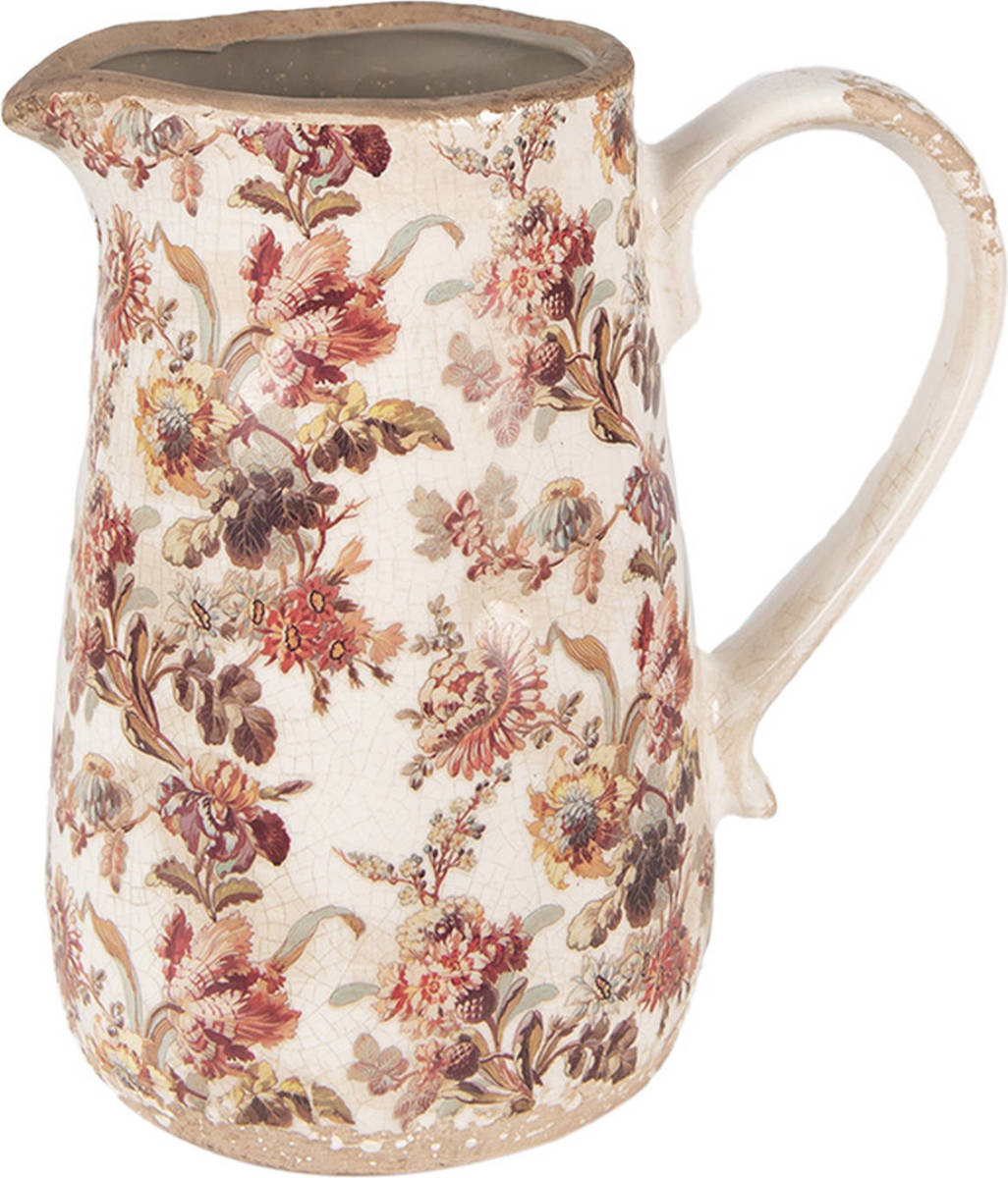 Clayre & Eef Decoratie Kan 16x12x18 cm Beige Roze Keramiek Bloemen Schenkkan Beige Schenkkan