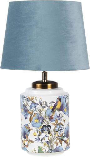 HAES deco - Tafellamp - Modern Chic - Bloemen en Vogels, Ø 25x41 cm - Blauw/Wit - Bureaulamp, Sfeerlamp, Nachtlampje