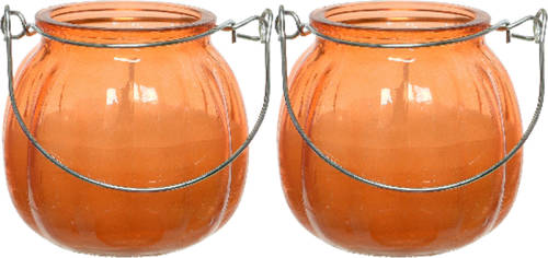 Decoris 2x citronella kaarsen in glas - 15 branduren - D8 x H8 cm - oranje - geurkaarsen