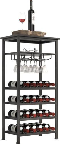 VDD Wijnrek industrieel design wijnkast zwart - rek voor opbergen 20 flessen met glashouder