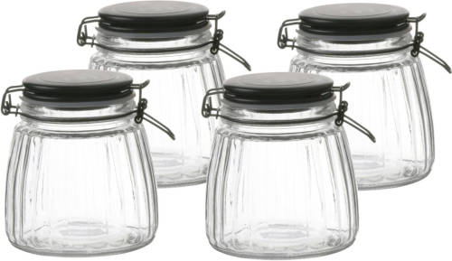 Urban Living Voorraadpot/bewaarpot - 4x - 1L - glas - met beugelsluiting - mat zwarte deksel - Voorraadpot