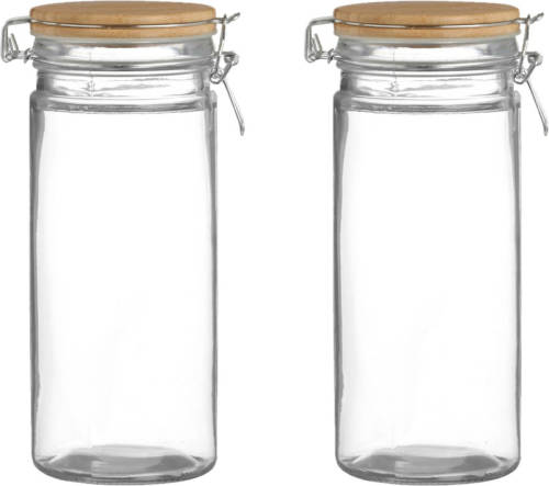 Urban Living Voorraadpot/bewaarpot - 2x - 1,3L - glas - met beugelsluiting - bamboe deksel - Voorraadpot