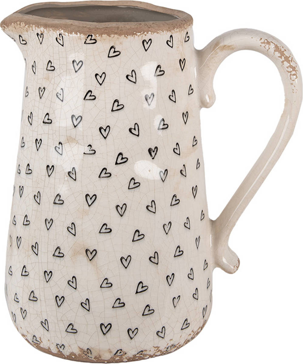Clayre & Eef Decoratie Kan 21x15x23 cm Beige Zwart Keramiek Hartjes Schenkkan Beige Schenkkan