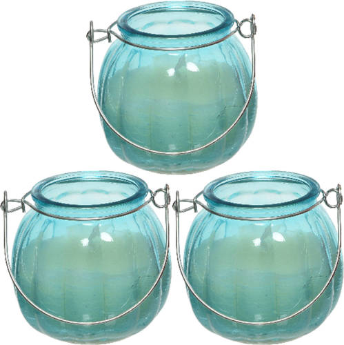 Decoris 3x citronella kaarsen in glas - 15 branduren - D8 x H8 cm - blauw - geurkaarsen