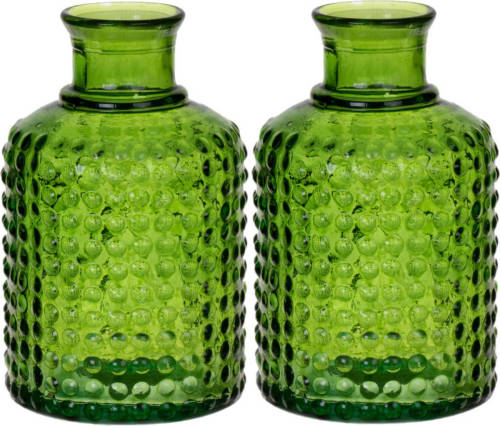 Bellatio Design Bloemenvaas - 2x - groen relief transparant glas - D12 x H20 cm - Vazen