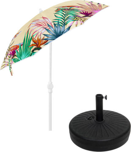 4Goodz Gele Parasol met Bladeren 180 cm met Bijbehorende Parasolvoet