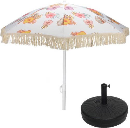 4Goodz Volant Parasol met Bloemenmotief 180 cm met Bijbehorende Parasolvoet