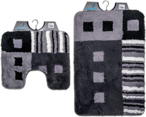 Wicotex -Badmat set met Toiletmat-WC mat-met uitsparing modern zwart grijs wit-Antislip onderkant