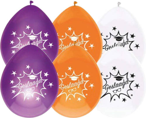 Haza Original Haza Ballonnen geslaagd thema - 24x - oranje/wit/paars - latex - 27 cm - examenfeest versiering - Ballonnen