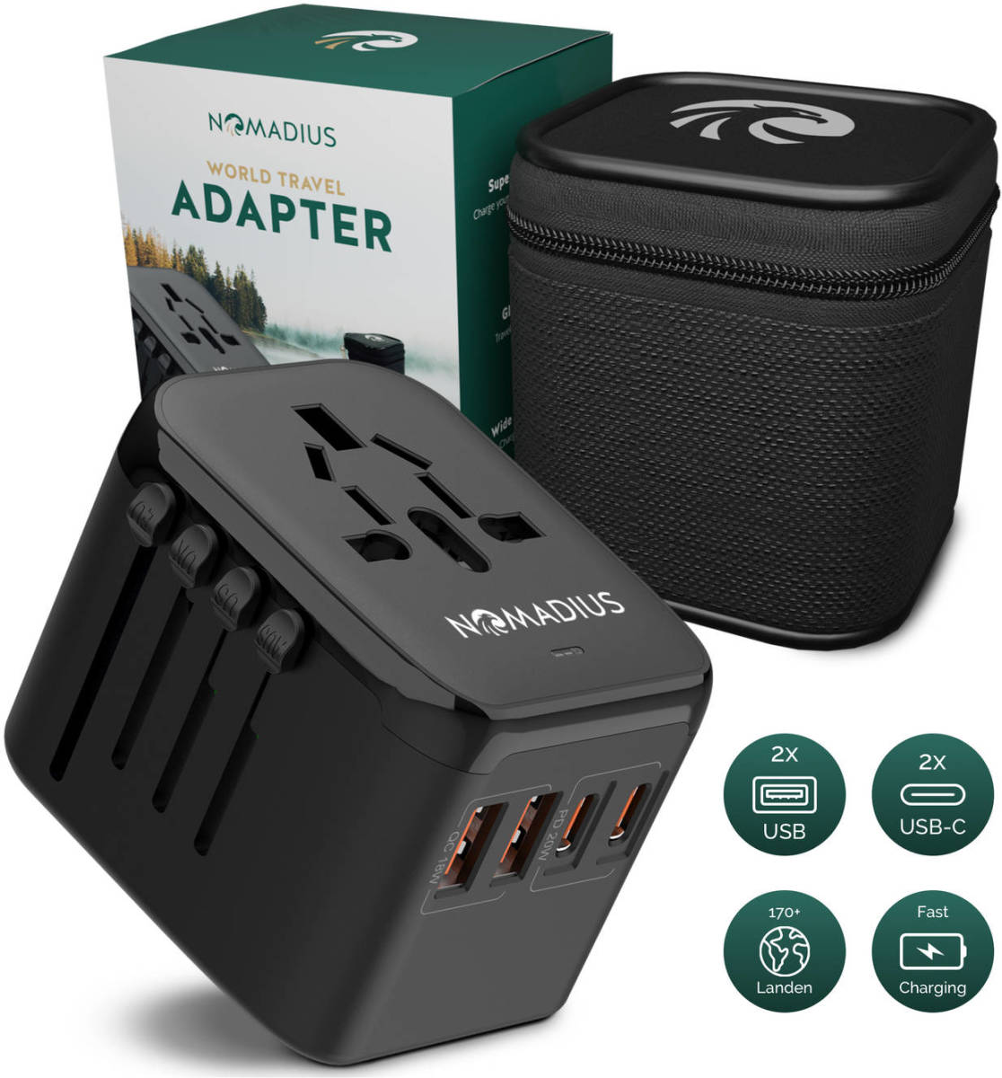 Nomadius ® Wereldstekker - Fast Charging - Reisstekker - Universeel - 150+ Landen