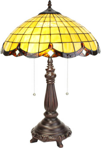 Clayre & Eef LumiLamp Tiffany Tafellamp Ø 41x57 cm Geel Glas Tiffany Bureaulamp Geel Tiffany Bureaulamp