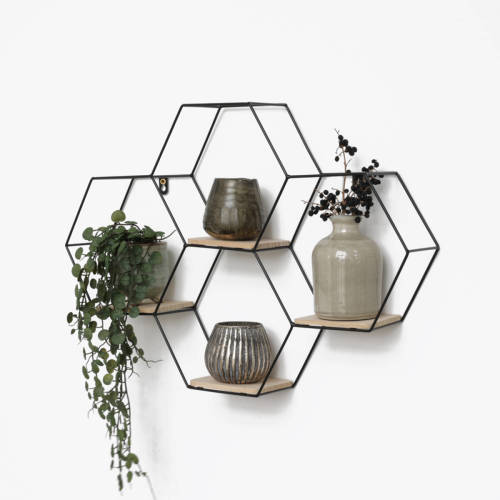 IVOL Vierdubbel zeshoekig metalen wandrek met 4 houten plankjes - 40,5x58 cm - Zwart