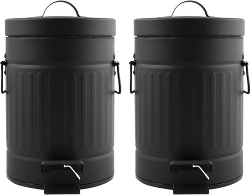 Spirella MSV Prullenbak/pedaalemmer - 2x - Industrial - metaal - zwart - 3L - 17 x 26 cm - Badkamer/toilet - Pedaalemmers