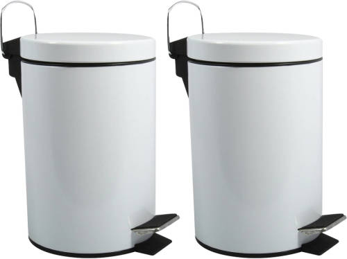Spirella MSV Prullenbak/pedaalemmer - 2x - metaal - wit - 5 liter - 20 x 28 cm - Badkamer/toilet - Pedaalemmers
