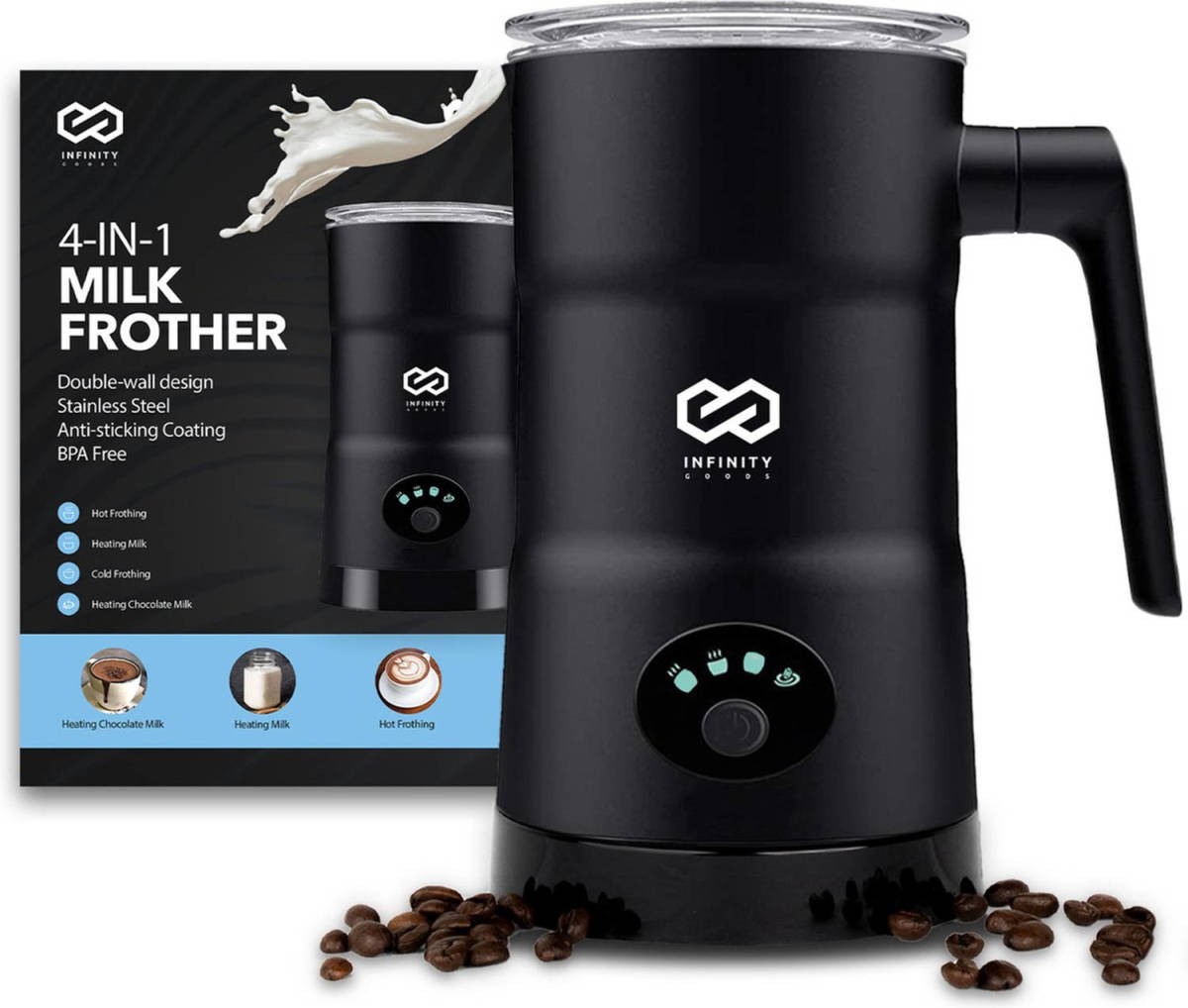 Infinity Goods 4-in-1 Elektrische Melkopschuimer - 350 ml - Opschuimen en verwarmen - Cappuccino - Vaatwasserbestendig