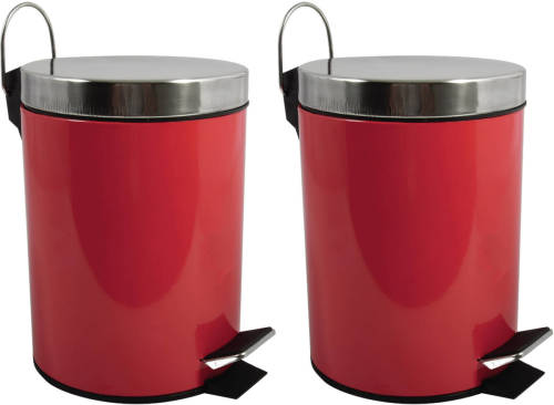 Spirella MSV Prullenbak/pedaalemmer - 2x - metaal - rood - 5L - 20 x 28 cm - Badkamer/toilet - Pedaalemmers