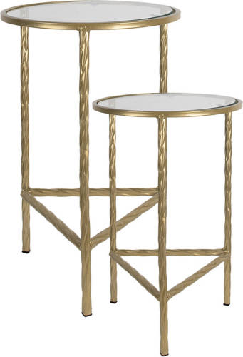 Clayre & Eef Bijzettafel Set van 2 Ø 35 Ø 30 cm Goudkleurig Ijzer Glas Sidetable Goudkleurig Sidetable