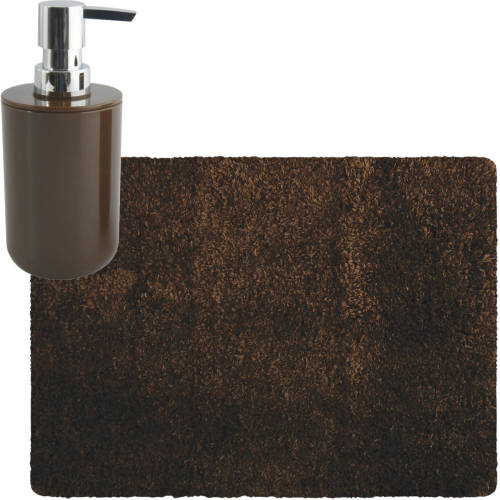 MSV badkamer droogloop tapijt - Langharig - 50 x 70 cm - incl zeeppompje zelfde kleur - bruin - Badmatjes